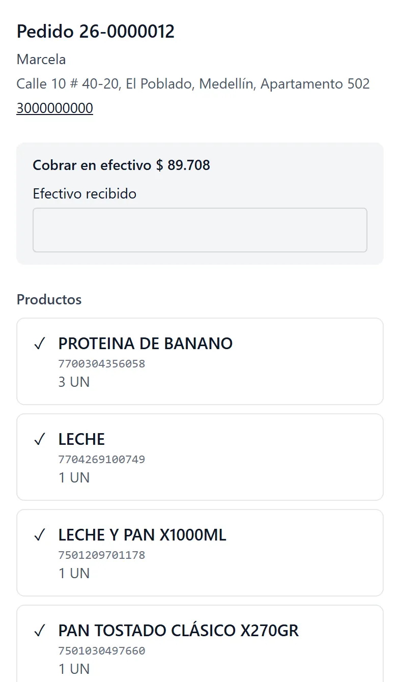 App del domiciliario: el pedido en la puerta, con el valor a cobrar en efectivo y sus productos