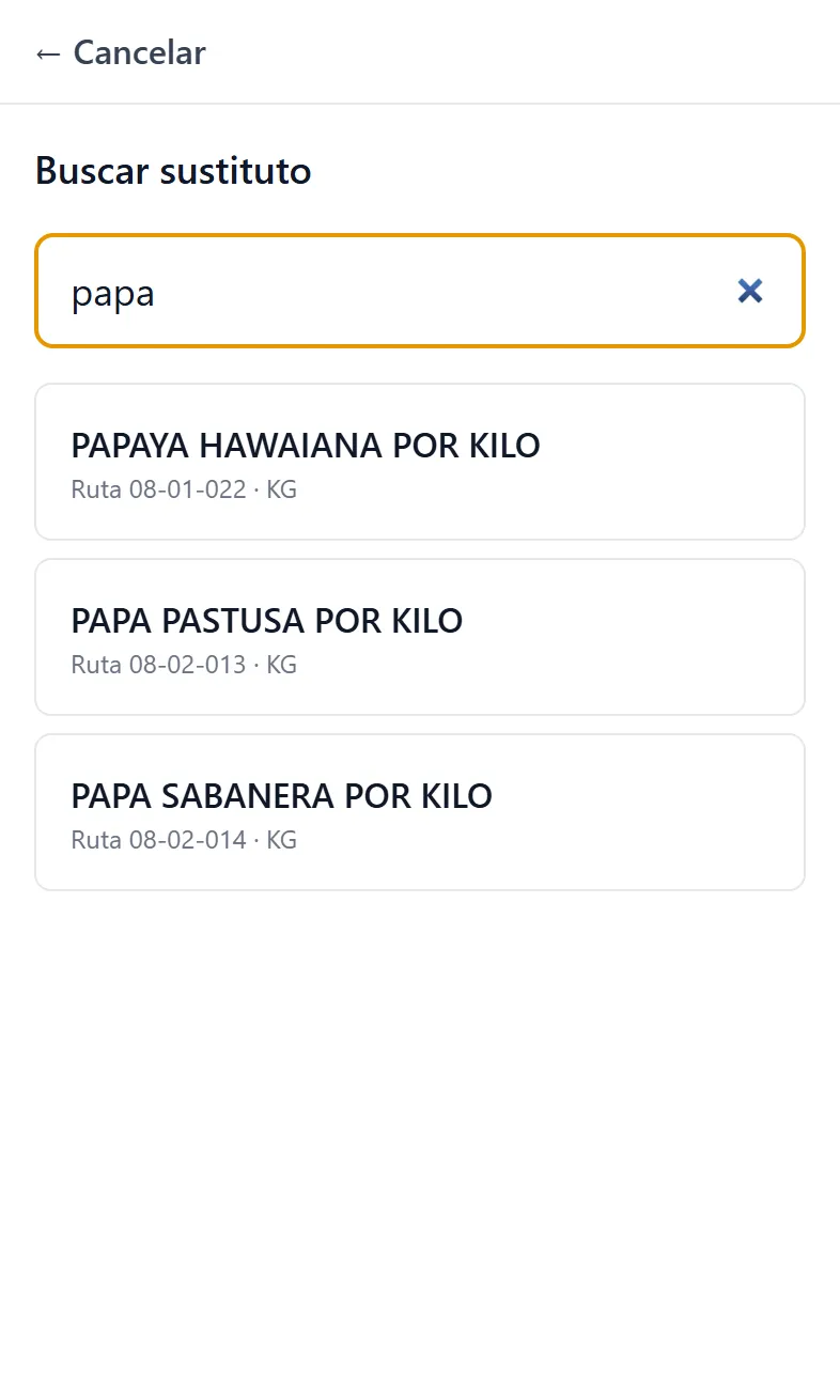 App de alistamiento: buscar un sustituto para la papa criolla, con la ruta de cada candidato