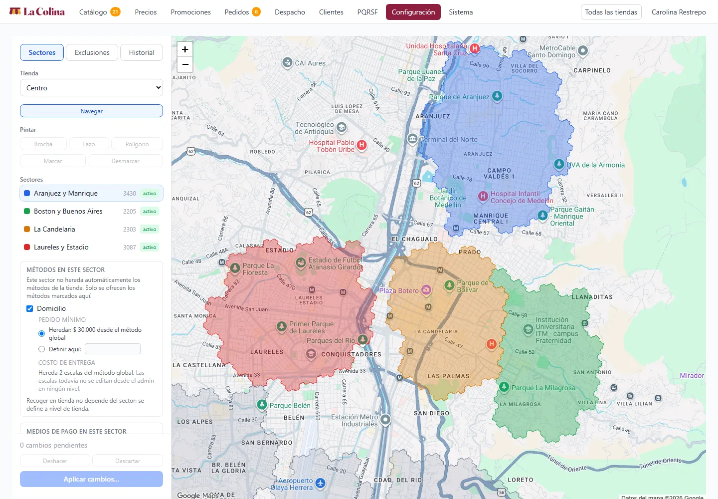 Mapa de Medellín con los sectores de cobertura de una tienda pintados en colores