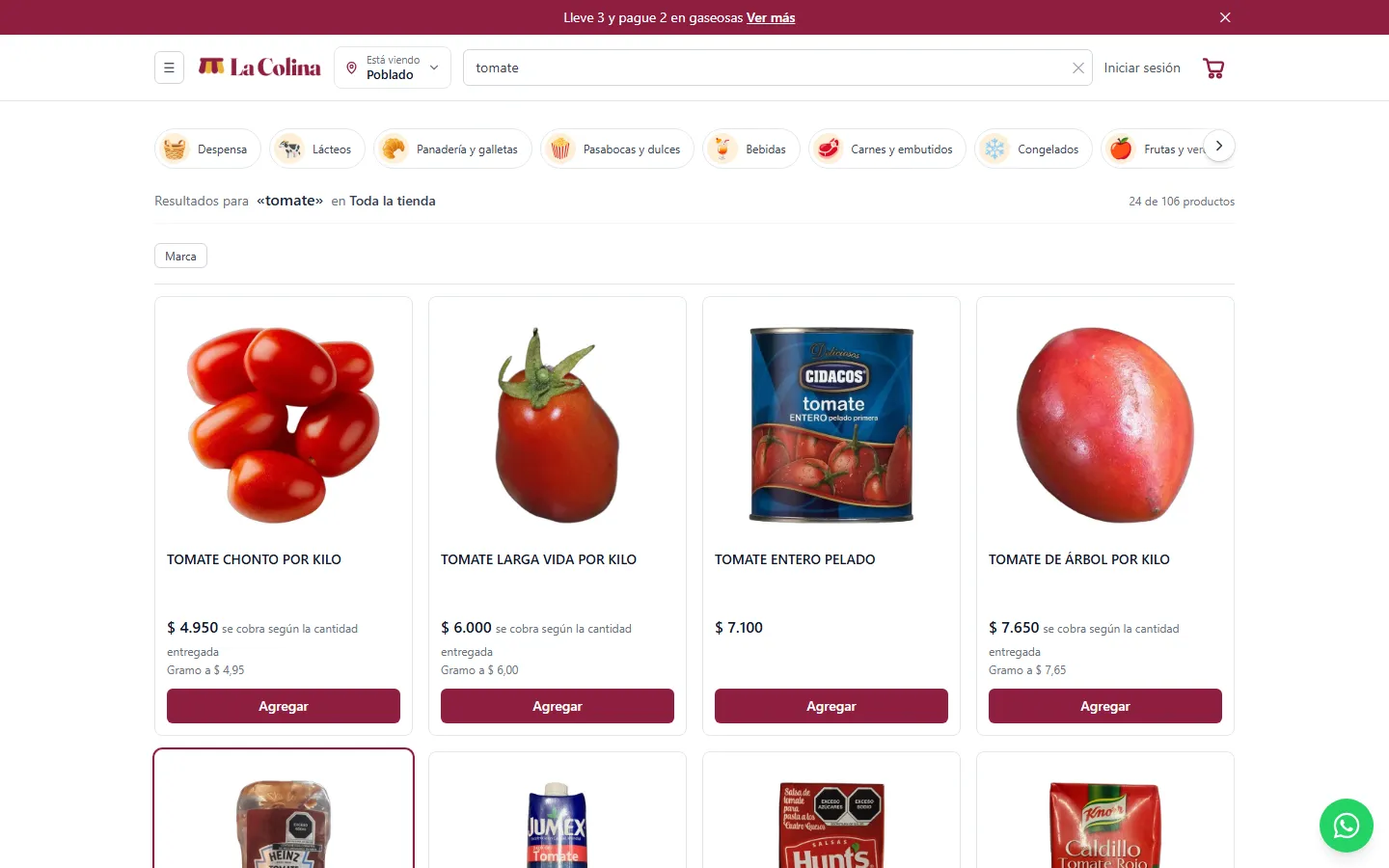 Búsqueda de tomate con productos por kilo que se cobran según la cantidad entregada