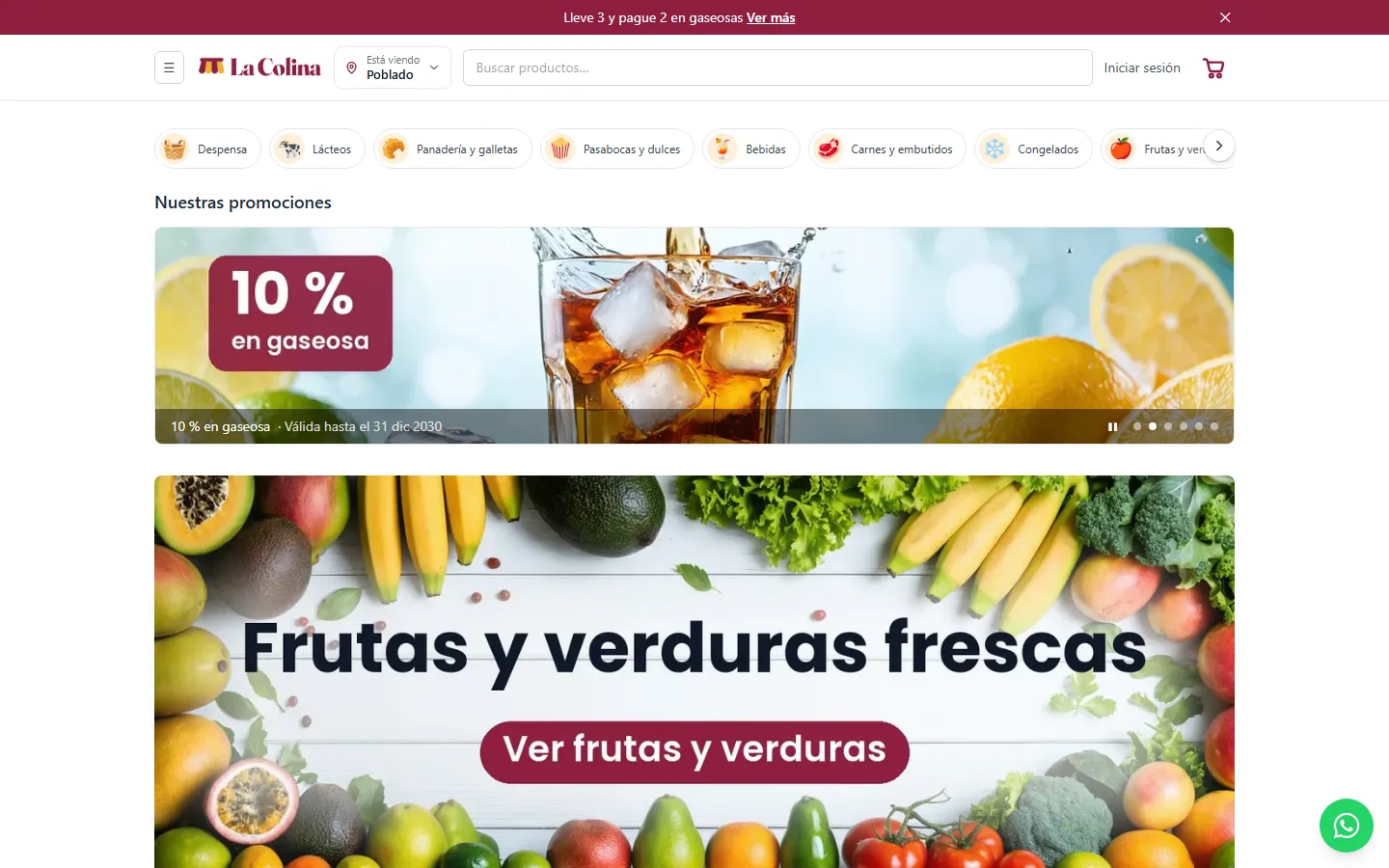 Inicio de la tienda en línea de la demostración, con la marca del supermercado, categorías y promociones
